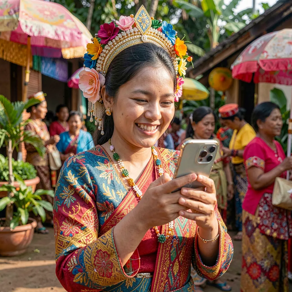 Smiling Filipino woman in traditional attire using the DDDDPH app on her smartphone surrounded by colorful cultural decorations