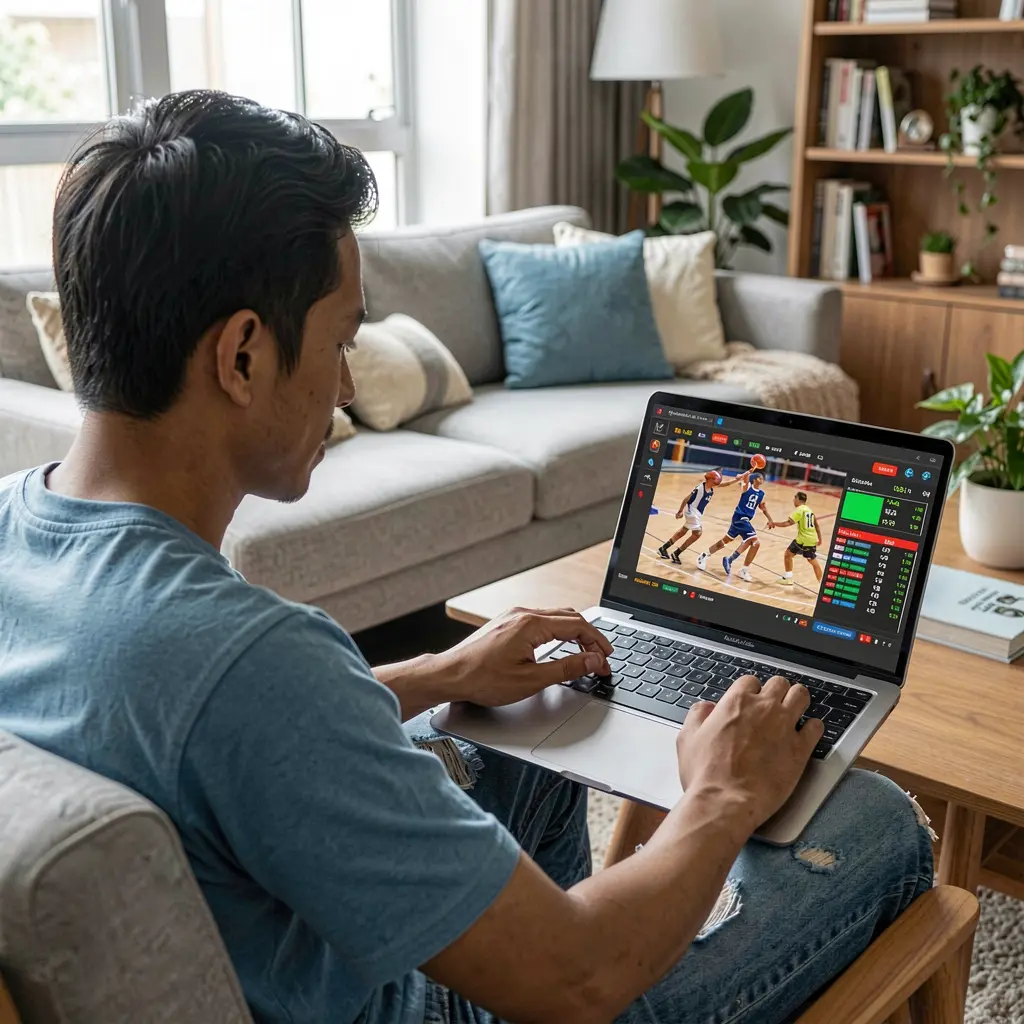 Focused Filipino bettor using a laptop to place live basketball bets on the DDDPH betting platform in a modern living room setting