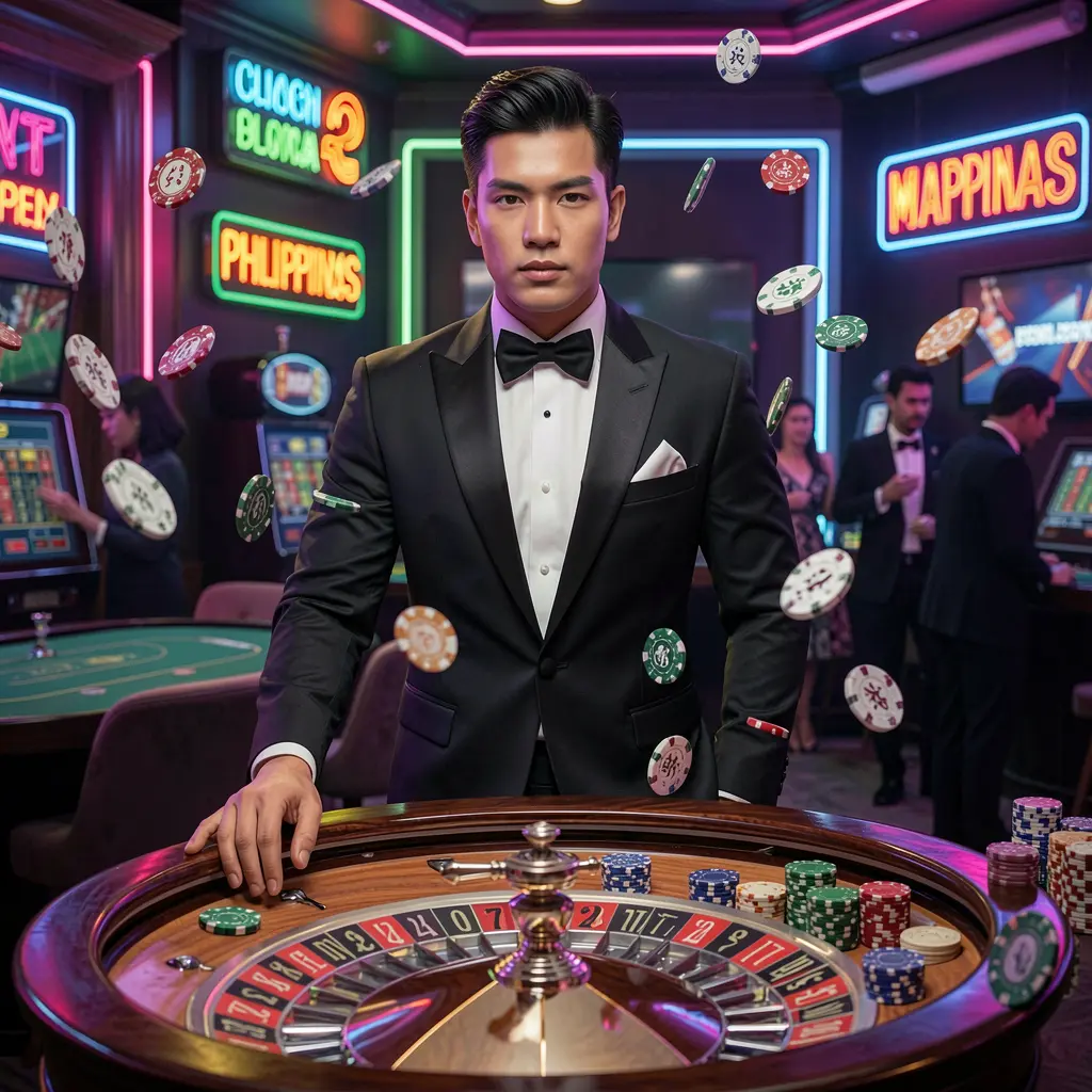 Confident casino dealer in a luxury gaming hall with flying chips and a roulette wheel highlighting the immersive live casino atmosphere at DDDDPH for players in the Philippines