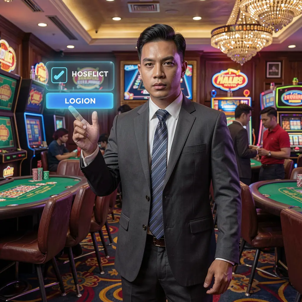 Confident Filipino casino presenter pointing toward a floating holographic login button inside a vibrant DDDDPH casino environment