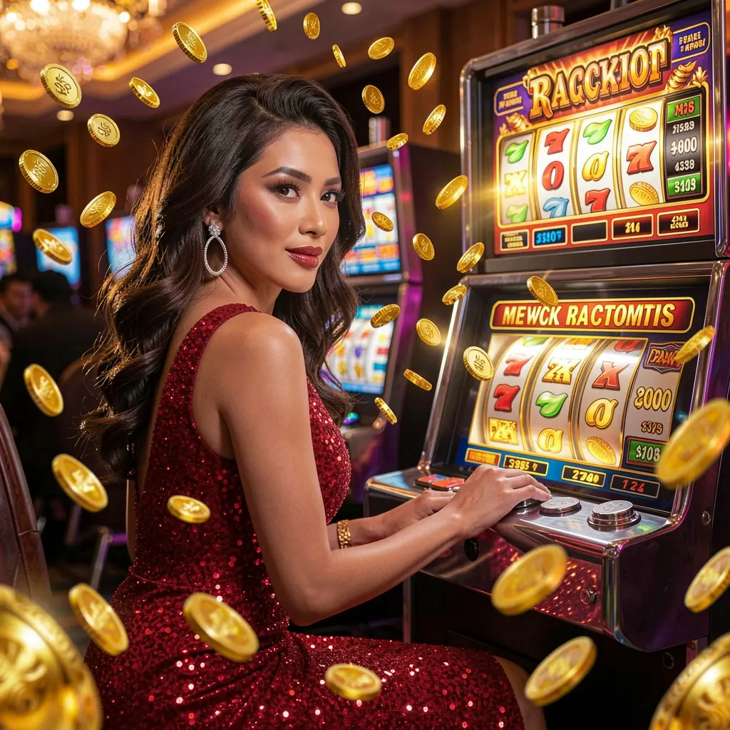 Stylish woman in a red dress playing modern slot machines with bright lights and falling coins at DDDDPH casino in the Philippines